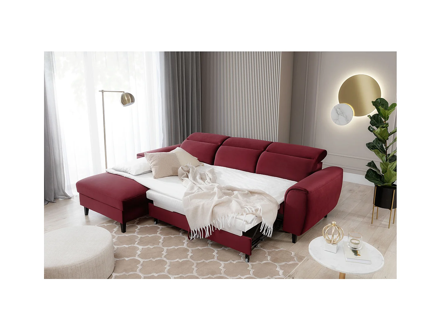 Canapé d'angle convertible velours appuis-tête réglables ASTORIA - Coffre et pieds bois noir-Rouge cerise-angle gauche