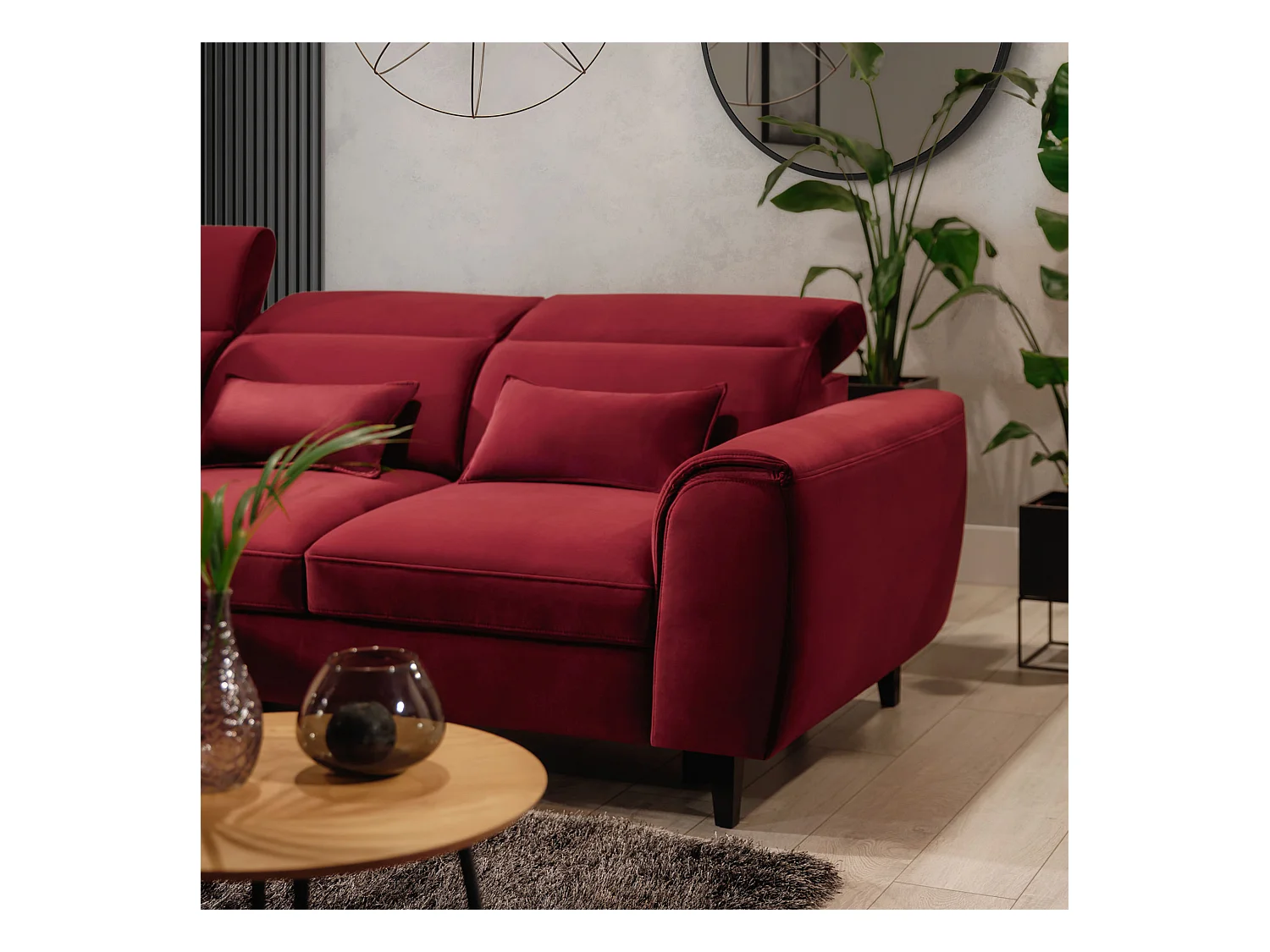 Canapé d'angle convertible velours appuis-tête réglables ASTORIA - Coffre et pieds bois noir-Rouge cerise-angle gauche