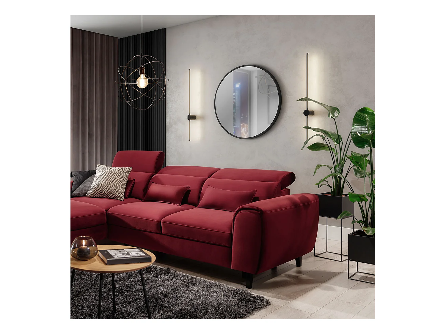 Canapé d'angle convertible velours appuis-tête réglables ASTORIA - Coffre et pieds bois noir-Rouge cerise-angle gauche