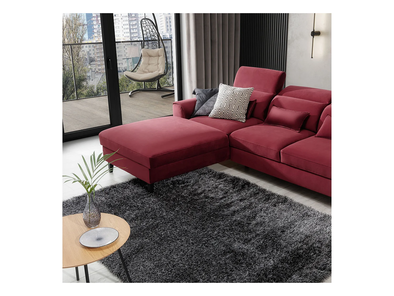 Canapé d'angle convertible velours appuis-tête réglables ASTORIA - Coffre et pieds bois noir-Rouge cerise-angle gauche