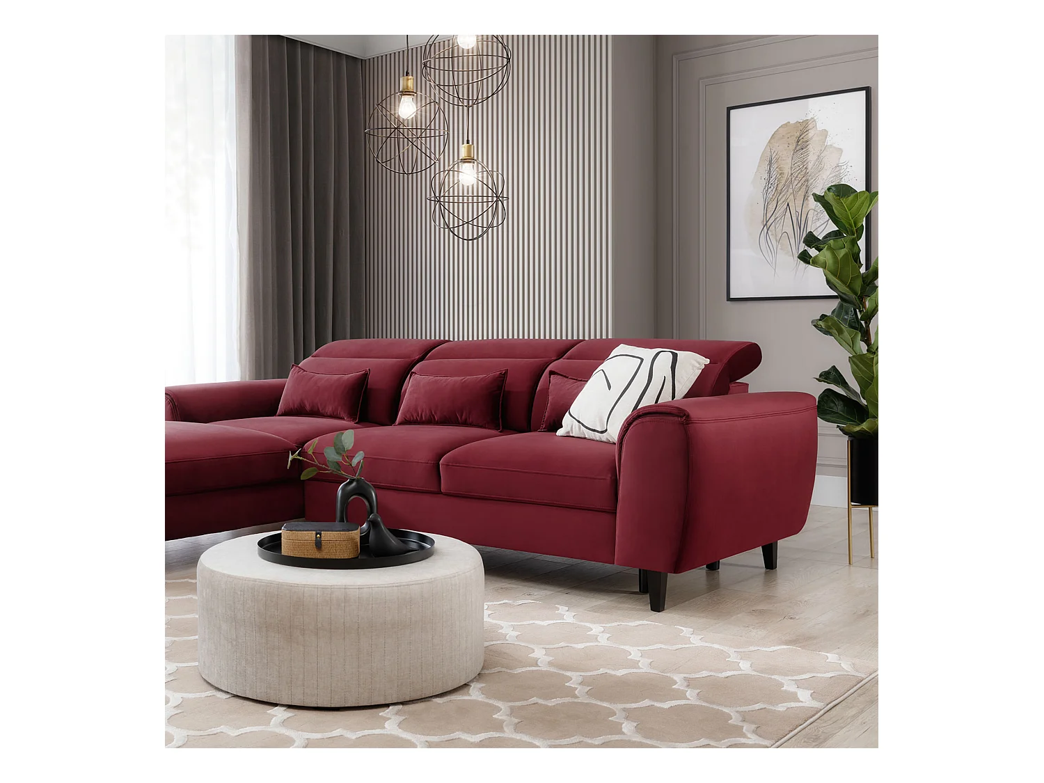 Canapé d'angle convertible velours appuis-tête réglables ASTORIA - Coffre et pieds bois noir-Rouge cerise-angle gauche