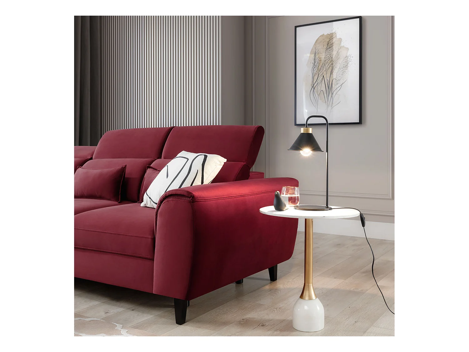 Canapé d'angle convertible velours appuis-tête réglables ASTORIA - Coffre et pieds bois noir-Rouge cerise-angle gauche