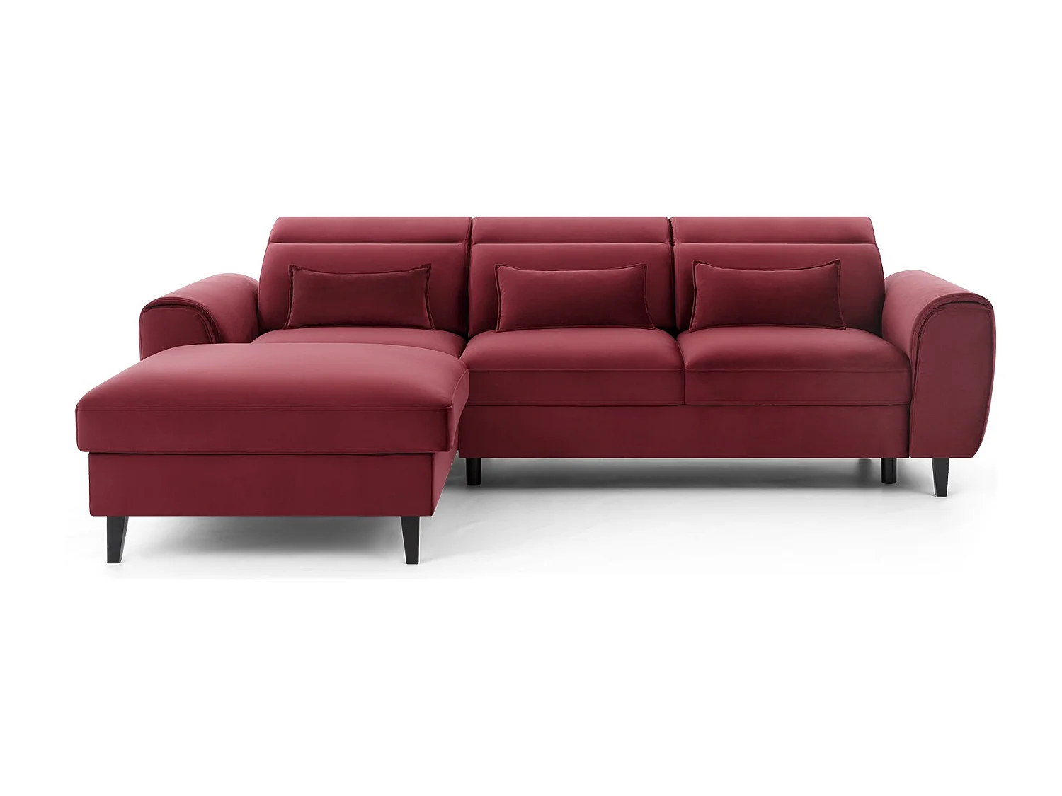 Canapé d'angle convertible velours appuis-tête réglables ASTORIA - Coffre et pieds bois noir-Rouge cerise-angle gauche