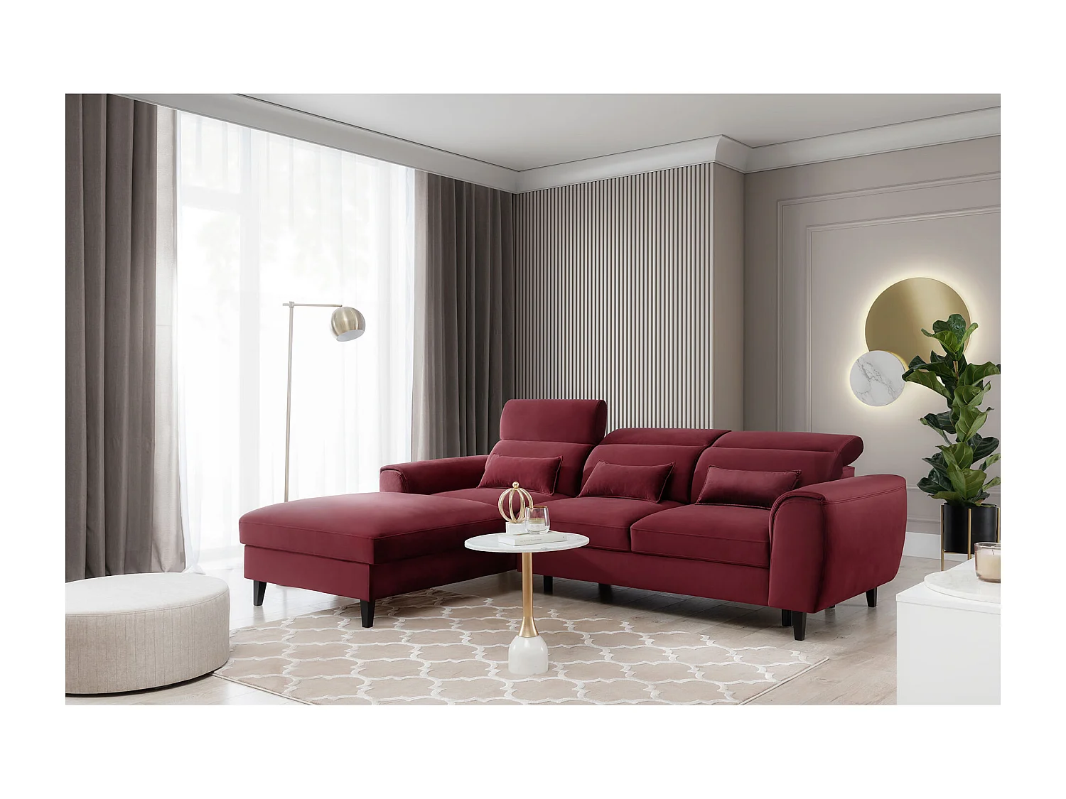 Canapé d'angle convertible velours appuis-tête réglables ASTORIA - Coffre et pieds bois noir-Rouge cerise-angle gauche