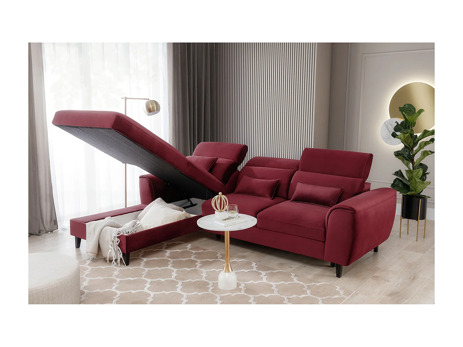 Canapé d'angle convertible velours appuis-tête réglables ASTORIA - Coffre et pieds bois noir-Rouge cerise-angle gauche