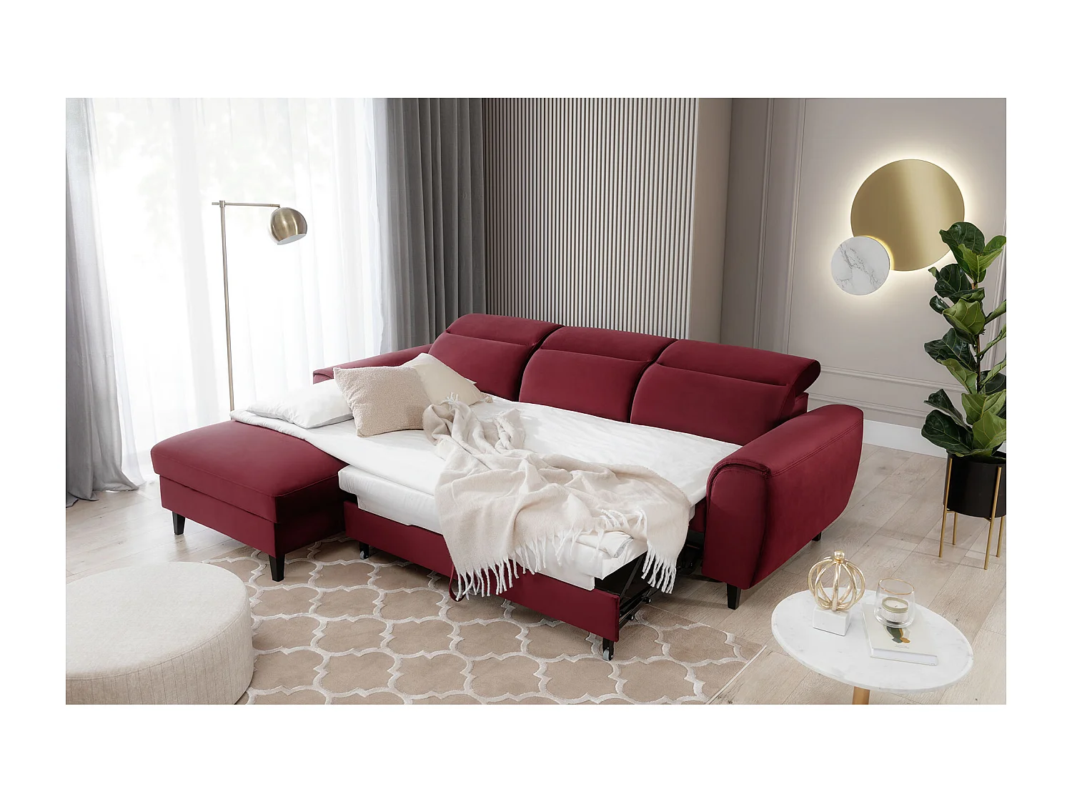 Canapé d'angle convertible velours appuis-tête réglables ASTORIA - Coffre et pieds bois noir-Rouge cerise-angle gauche