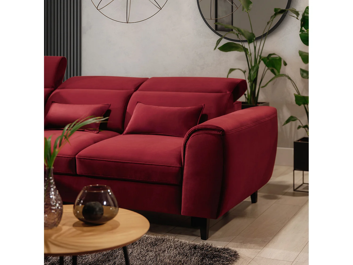 Canapé d'angle convertible velours appuis-tête réglables ASTORIA - Coffre et pieds bois noir-Rouge cerise-angle gauche