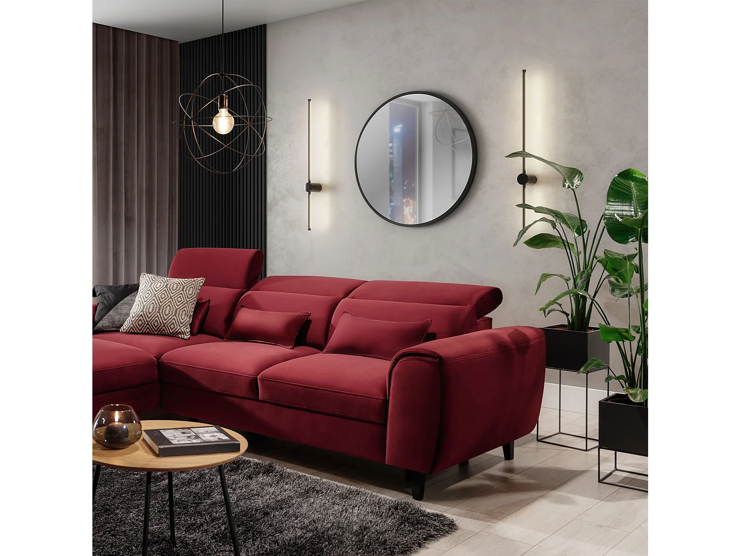 Canapé d'angle convertible velours appuis-tête réglables ASTORIA - Coffre et pieds bois noir-Rouge cerise-angle gauche