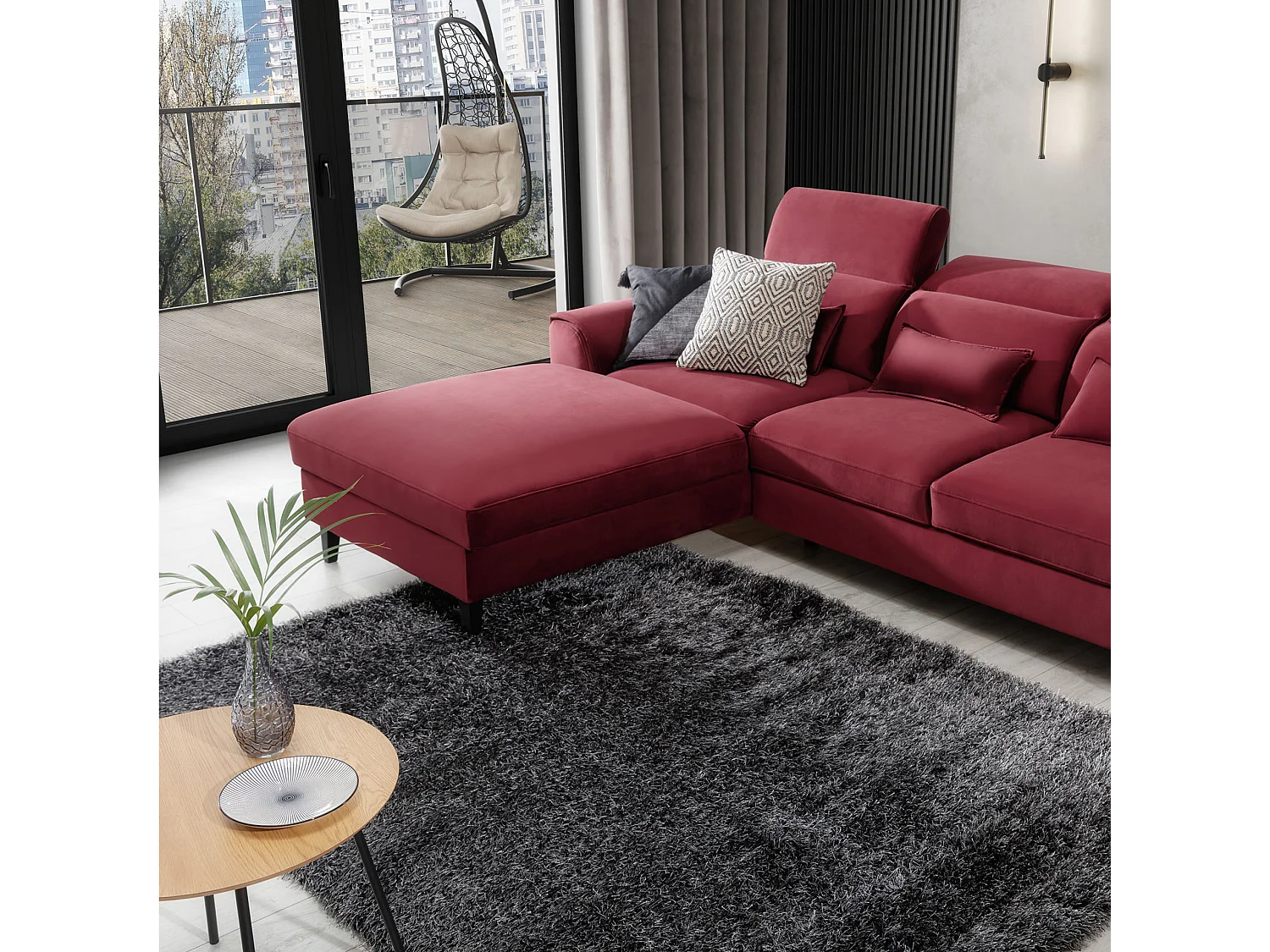 Canapé d'angle convertible velours appuis-tête réglables ASTORIA - Coffre et pieds bois noir-Rouge cerise-angle gauche