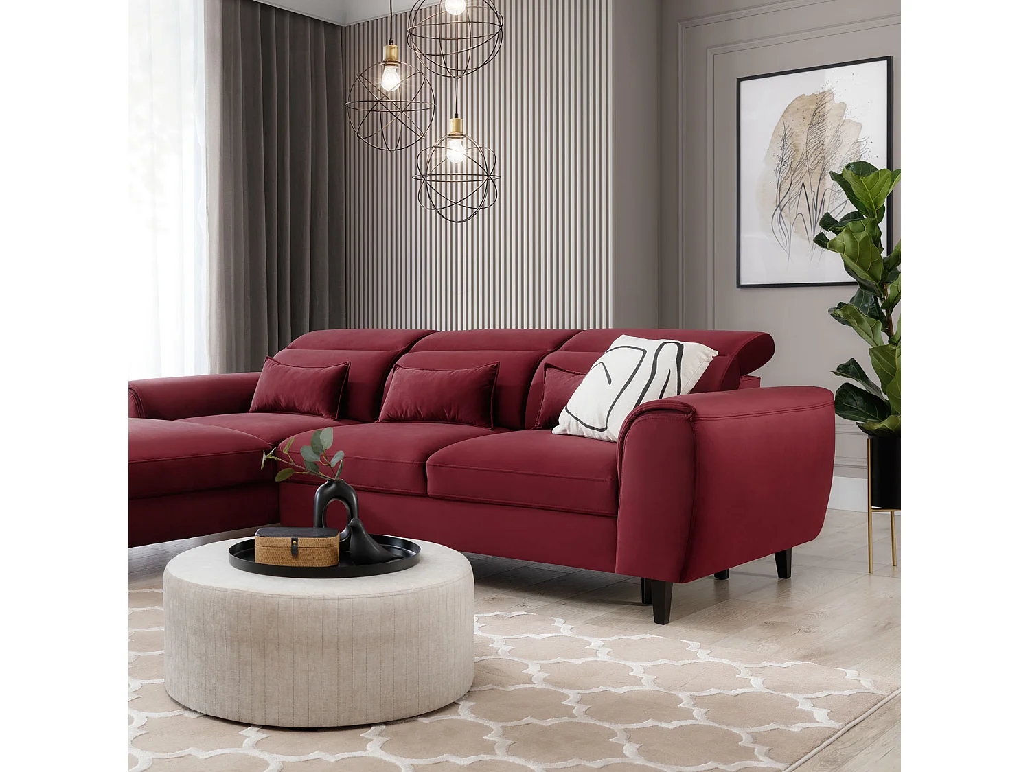 Canapé d'angle convertible velours appuis-tête réglables ASTORIA - Coffre et pieds bois noir-Rouge cerise-angle gauche