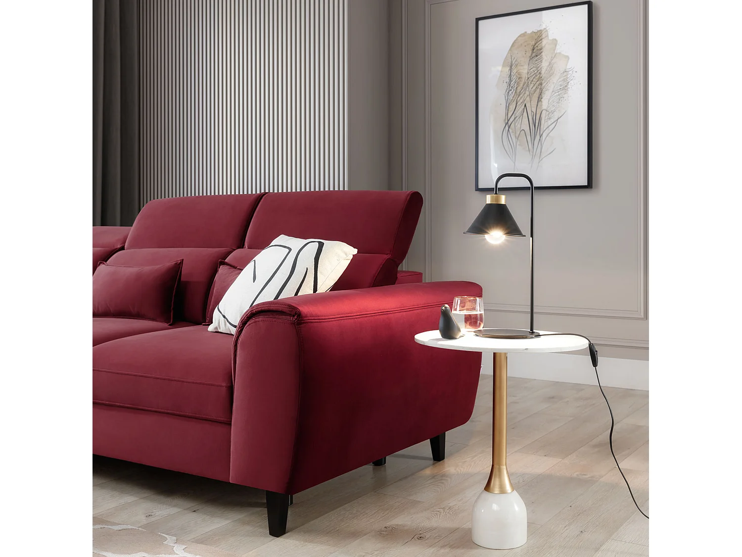 Canapé d'angle convertible velours appuis-tête réglables ASTORIA - Coffre et pieds bois noir-Rouge cerise-angle gauche