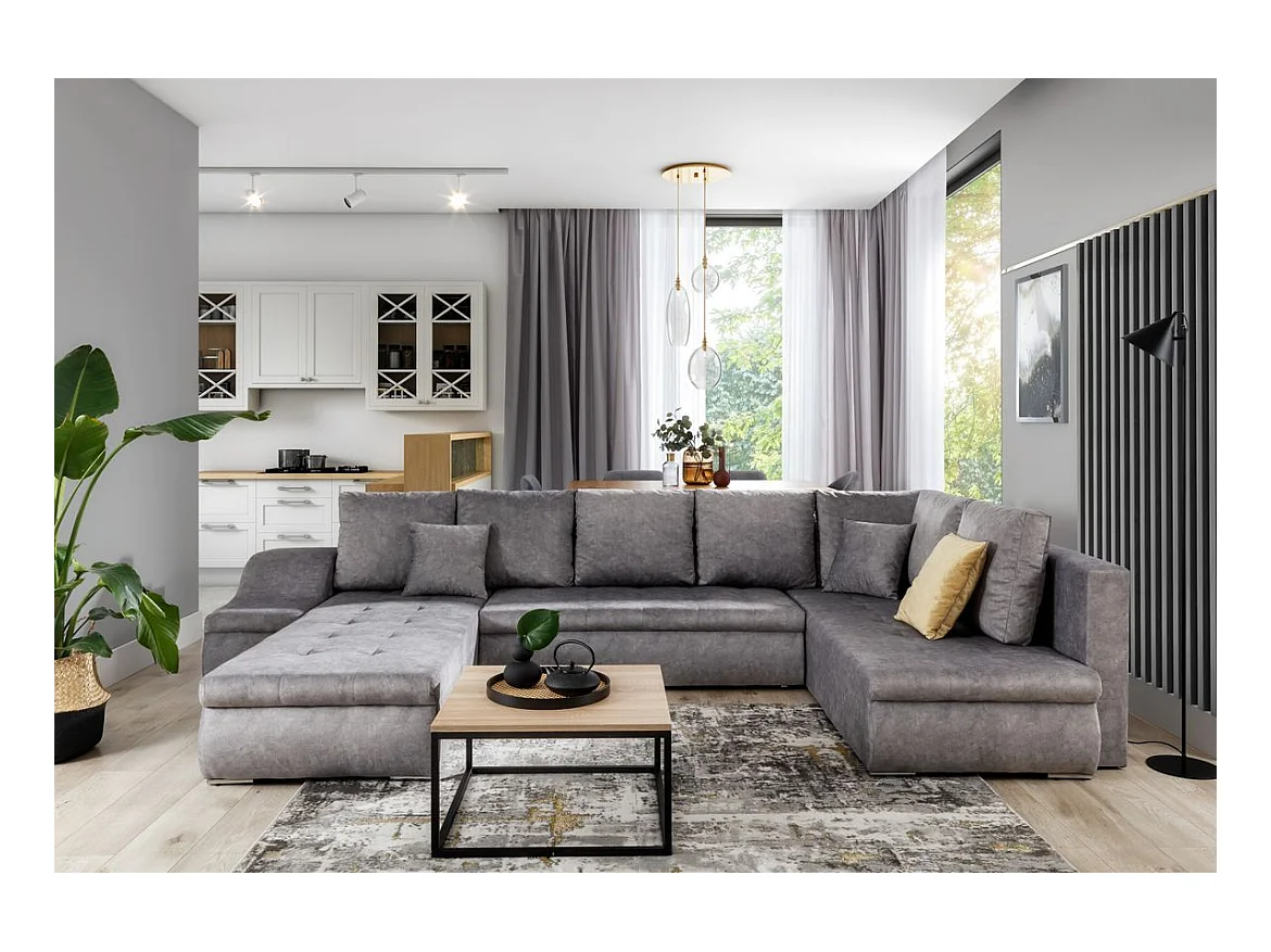 JONAZ omvormbare panoramische bank in imitatieleer en stof - Geïntegreerde opbergruimte-Kleur Lichtbeige/gemêleerd beige-Dagbed Naar rechts