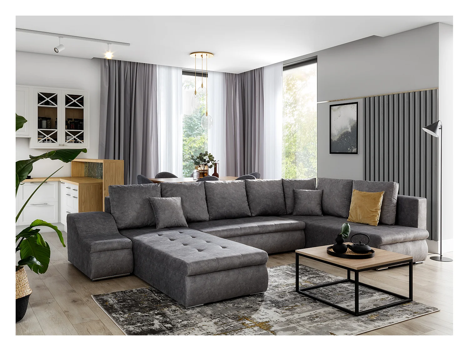 JONAZ omvormbare panoramische bank in imitatieleer en stof - Geïntegreerde opbergruimte-Kleur Lichtbeige/gemêleerd beige-Dagbed Naar rechts