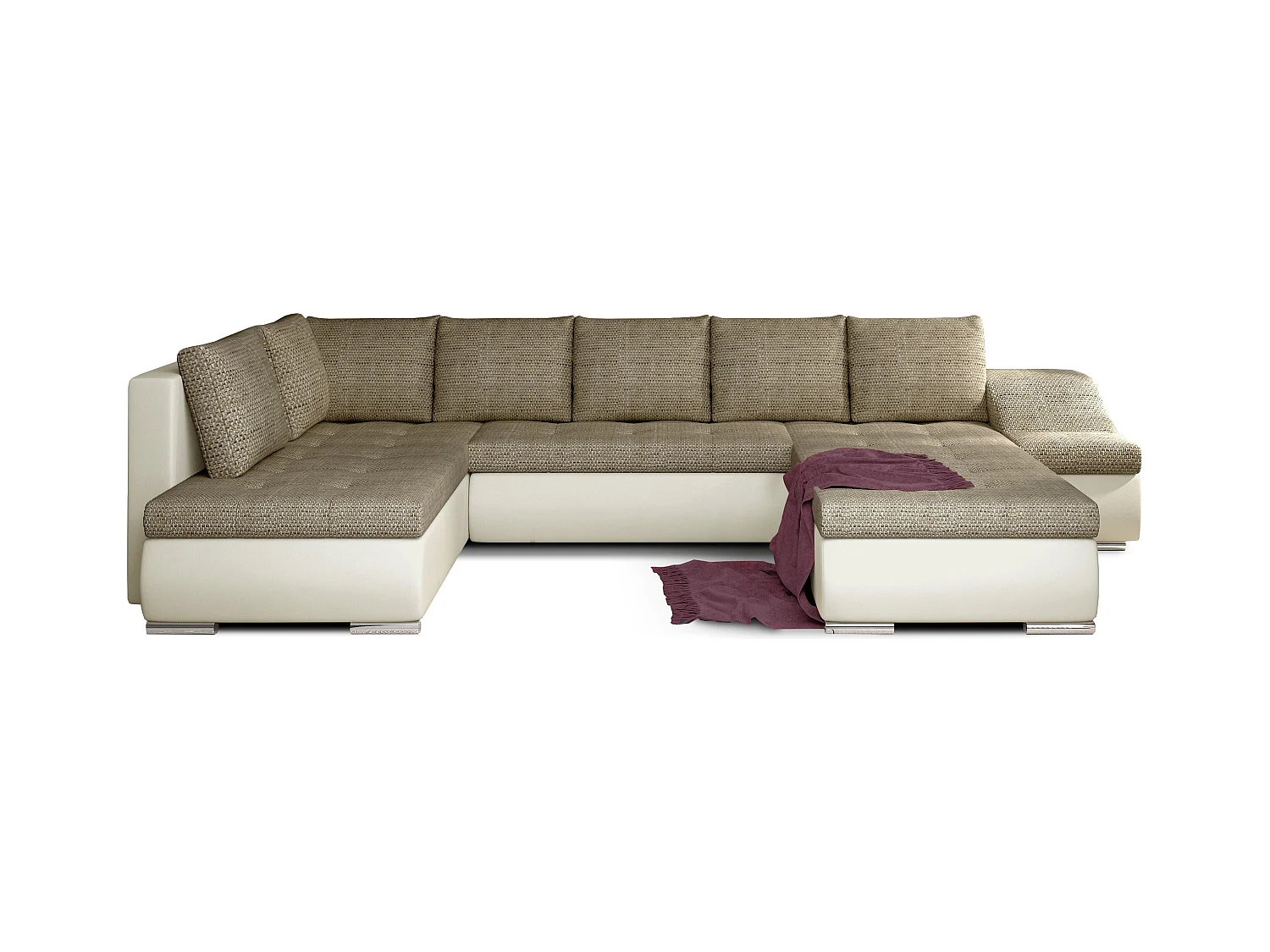 Canapé panoramique convertible JONAZ simili cuir, tissu - Rangement integré-Beige clair/Beige chiné-Méridienne A droite