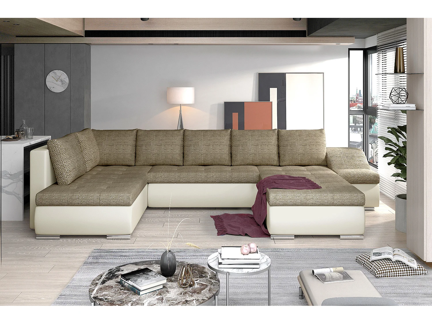 Canapé panoramique convertible JONAZ simili cuir, tissu - Rangement integré-Beige clair/Beige chiné-Méridienne A droite