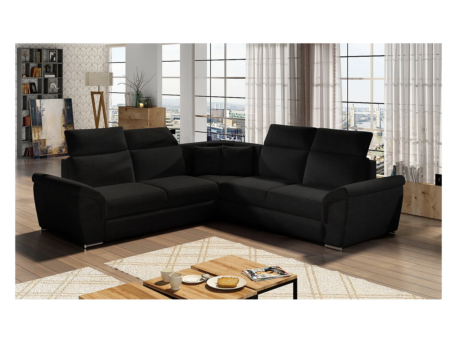 Canapé d'angle réversible et convertible tissu Neo - Pieds acier chromé-Noir