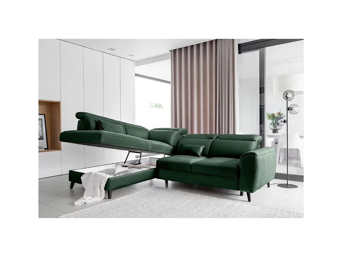 Canapé d'angle convertible avec rangement velours NOBLESSE - Pieds bois noir-Vert épinard-angle gauche