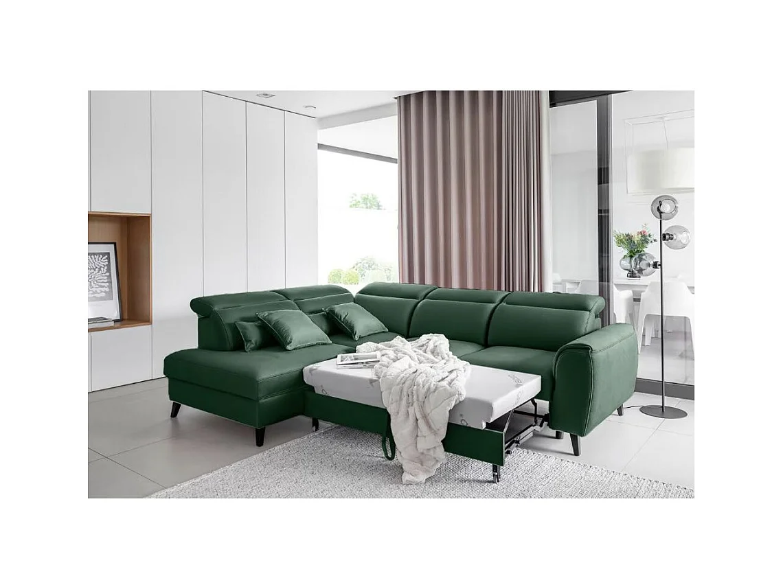 Canapé d'angle convertible avec rangement velours NOBLESSE - Pieds bois noir-Vert épinard-angle gauche