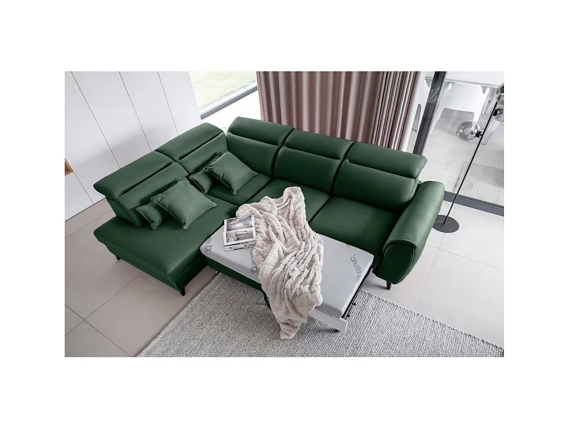 Canapé d'angle convertible avec rangement velours NOBLESSE - Pieds bois noir-Vert épinard-angle gauche
