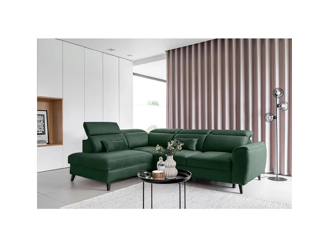 Canapé d'angle convertible avec rangement velours NOBLESSE - Pieds bois noir-Vert épinard-angle gauche