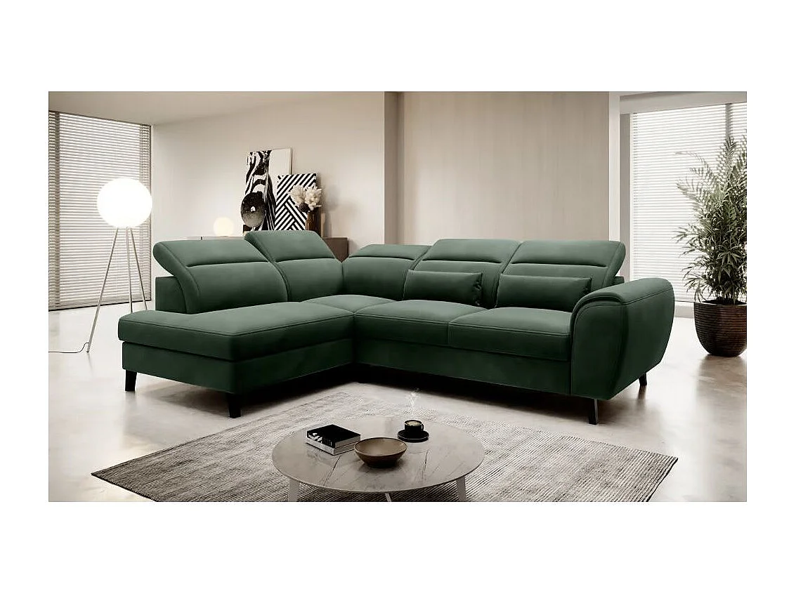 Canapé d'angle convertible avec rangement velours NOBLESSE - Pieds bois noir-Vert épinard-angle gauche