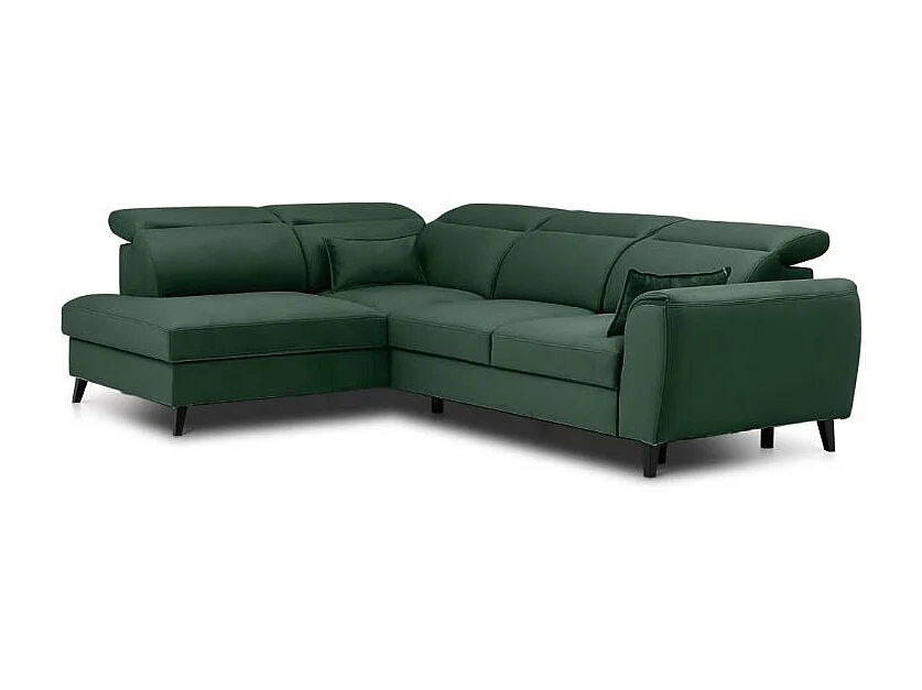 Canapé d'angle convertible avec rangement velours NOBLESSE - Pieds bois noir-Vert épinard-angle gauche