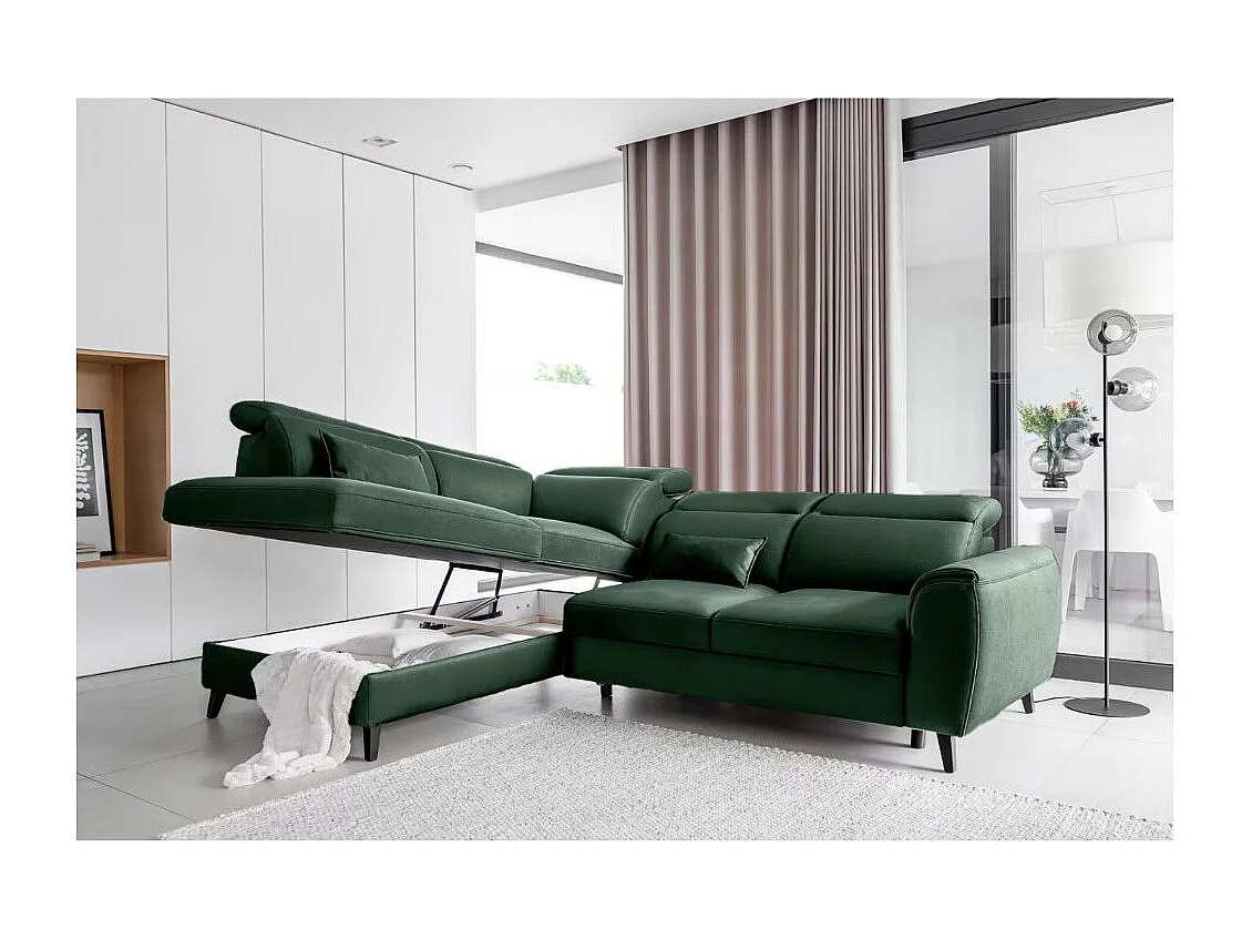 Canapé d'angle convertible avec rangement velours NOBLESSE - Pieds bois noir-Vert épinard-angle gauche