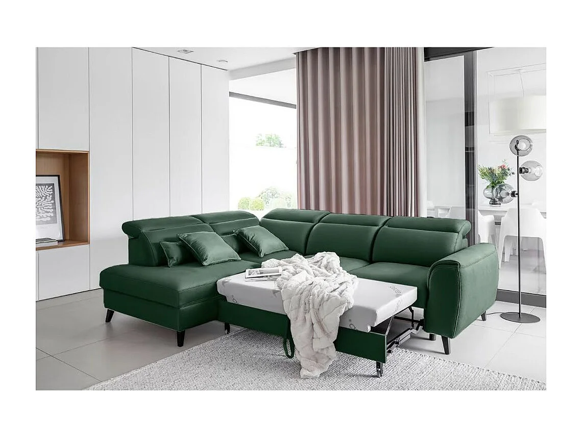 Canapé d'angle convertible avec rangement velours NOBLESSE - Pieds bois noir-Vert épinard-angle gauche