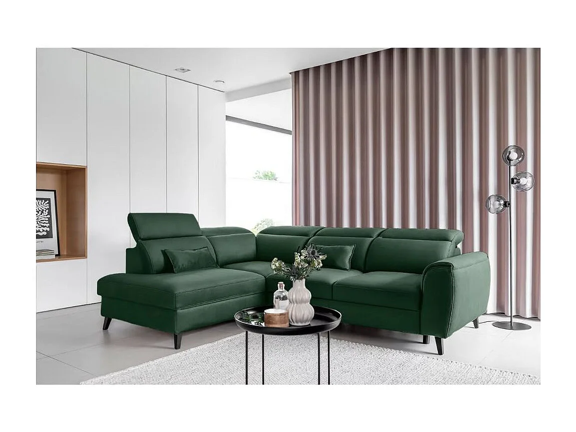 Canapé d'angle convertible avec rangement velours NOBLESSE - Pieds bois noir-Vert épinard-angle gauche