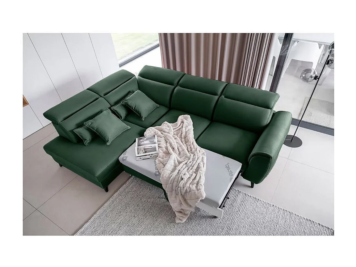 Canapé d'angle convertible avec rangement velours NOBLESSE - Pieds bois noir-Vert épinard-angle gauche