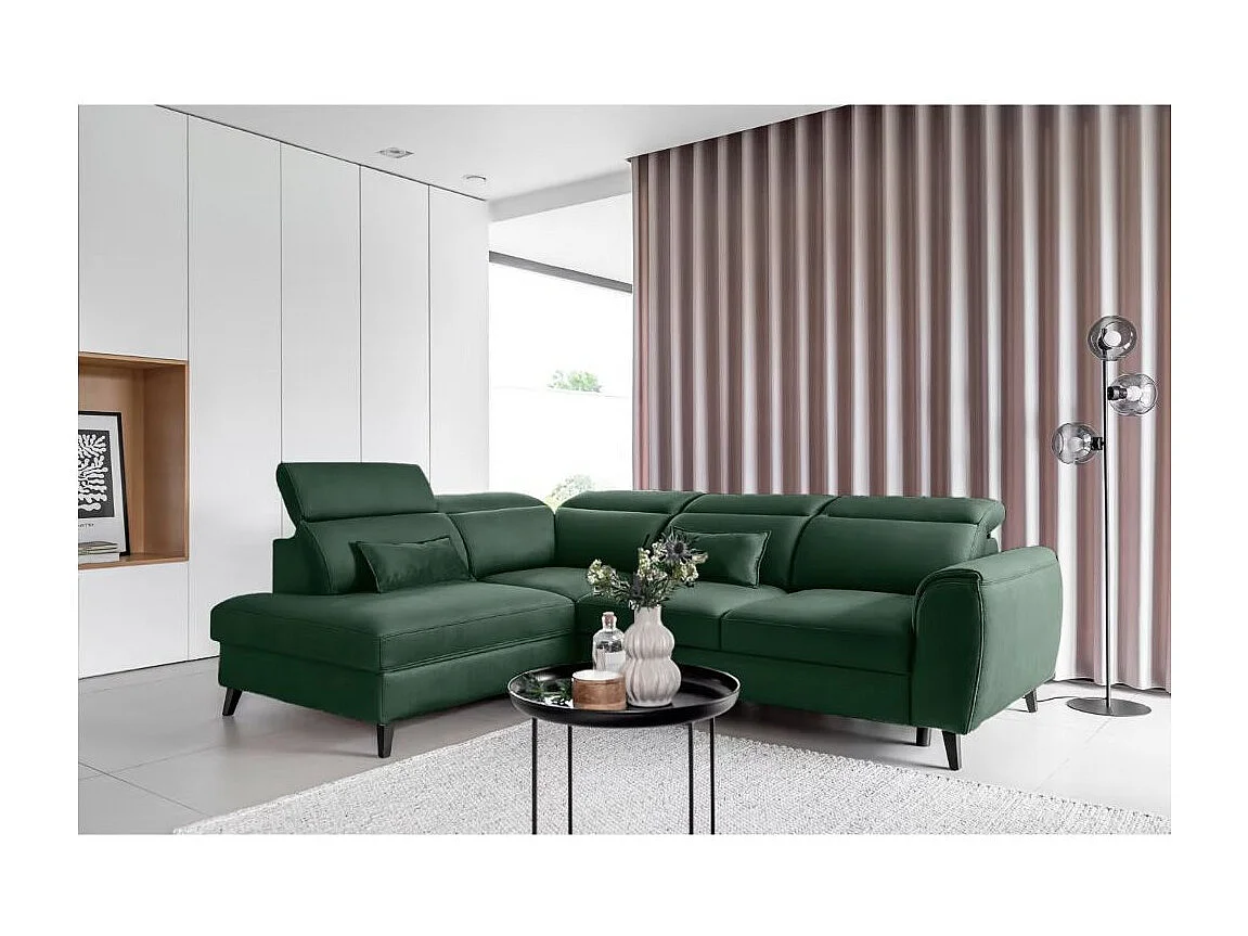 Canapé d'angle convertible avec rangement velours NOBLESSE - Pieds bois noir-Vert épinard-angle gauche