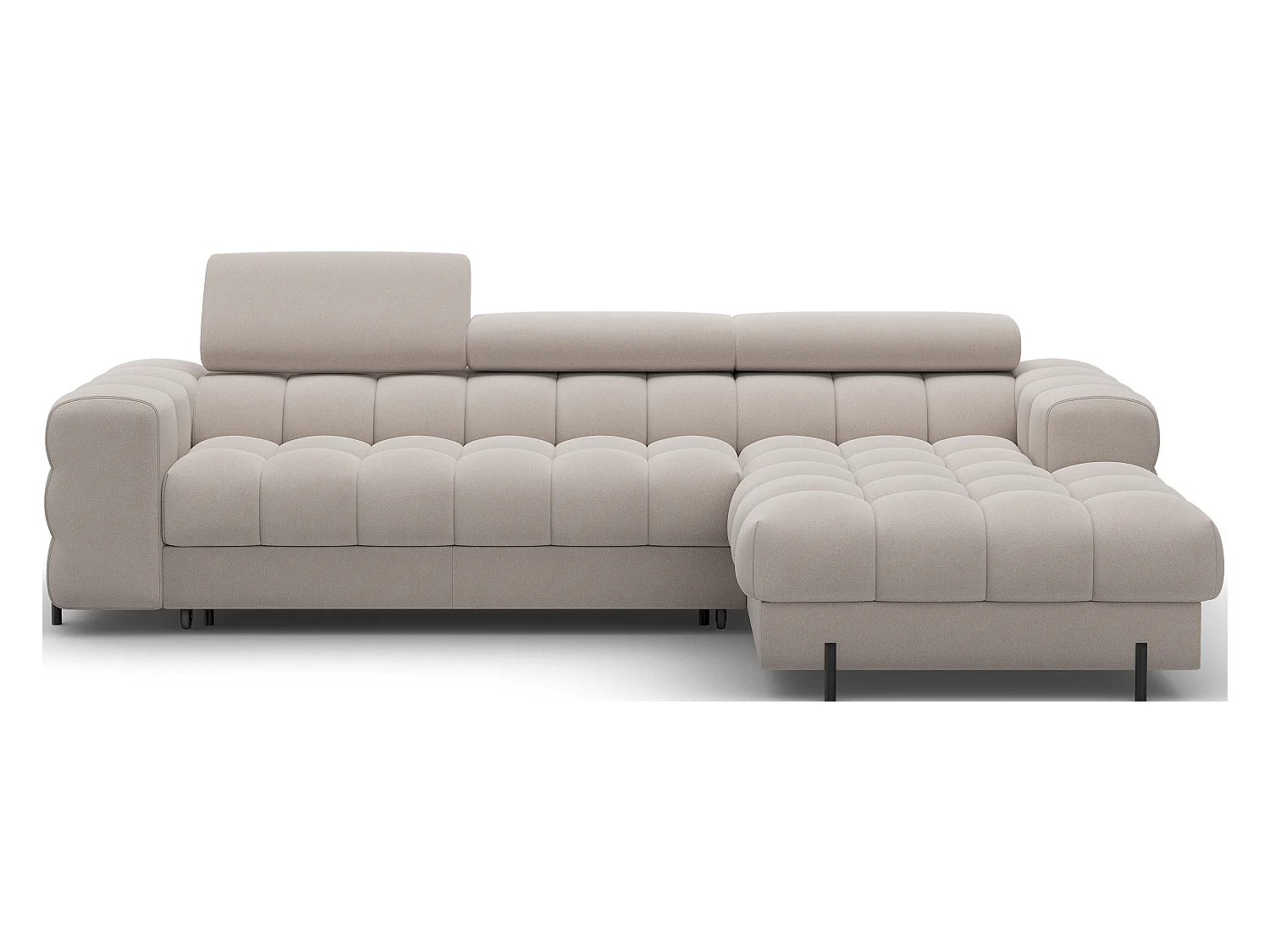 Canapé d’angle convertible velours appuis-tête réglables KATE – Coffre et pieds métal noir-Taupe-angle droit