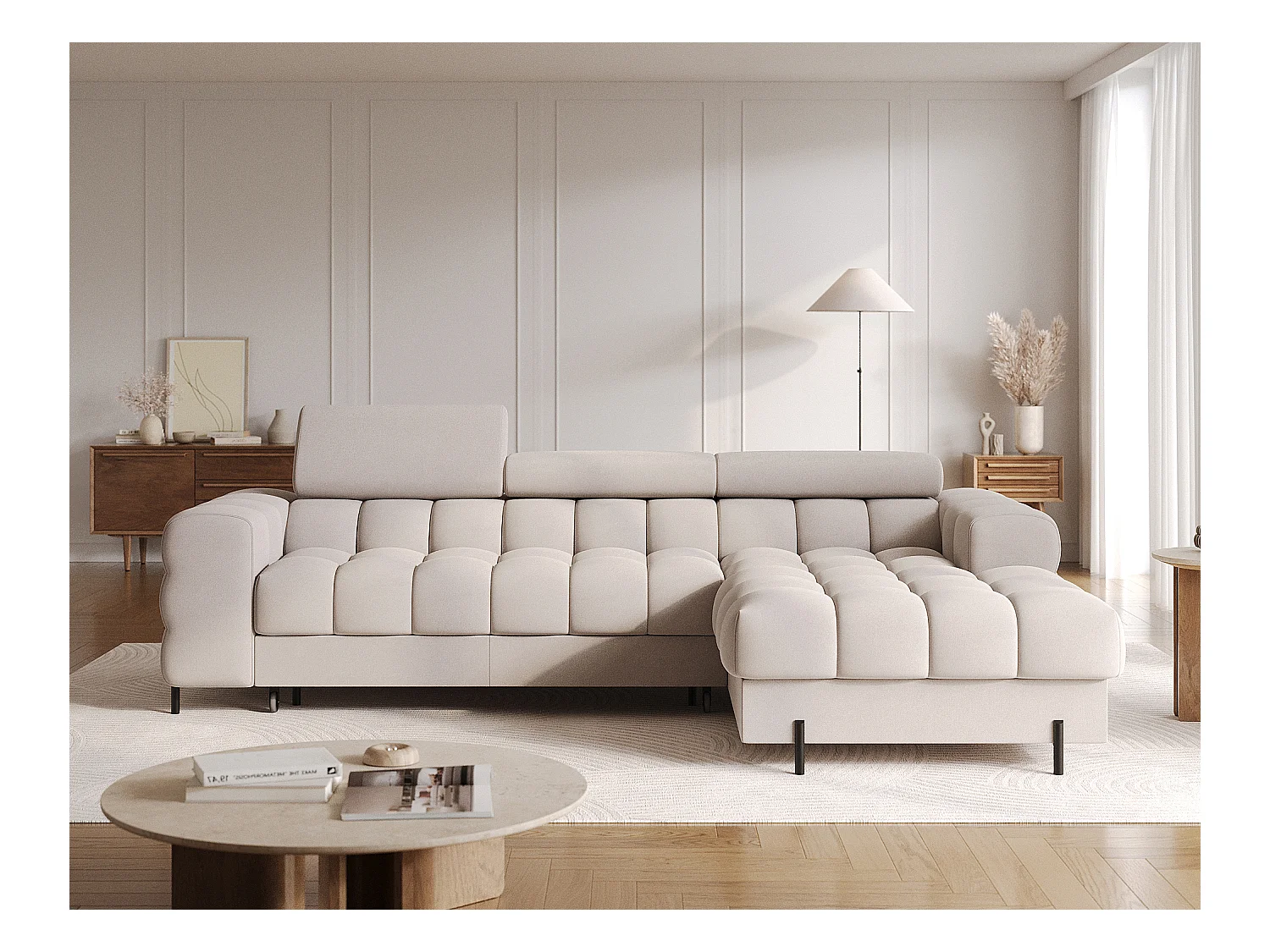 Canapé d’angle convertible velours appuis-tête réglables KATE – Coffre et pieds métal noir-Taupe-angle droit