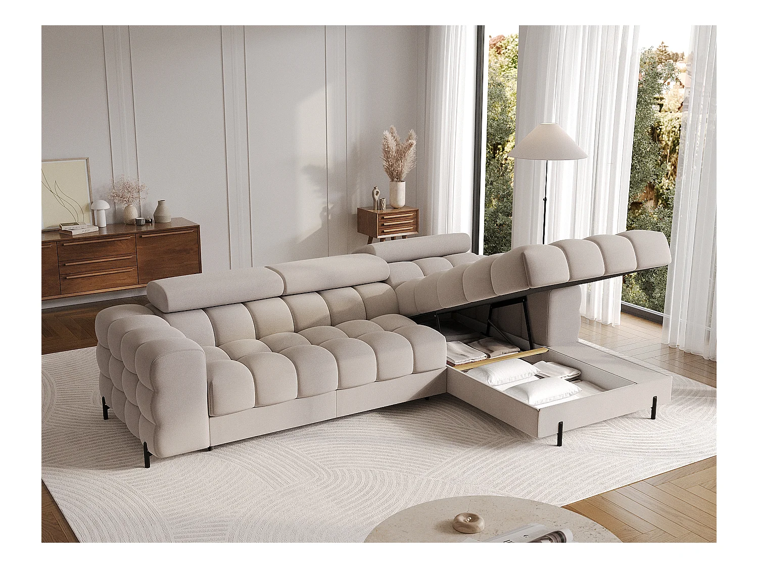 Canapé d’angle convertible velours appuis-tête réglables KATE – Coffre et pieds métal noir-Taupe-angle droit