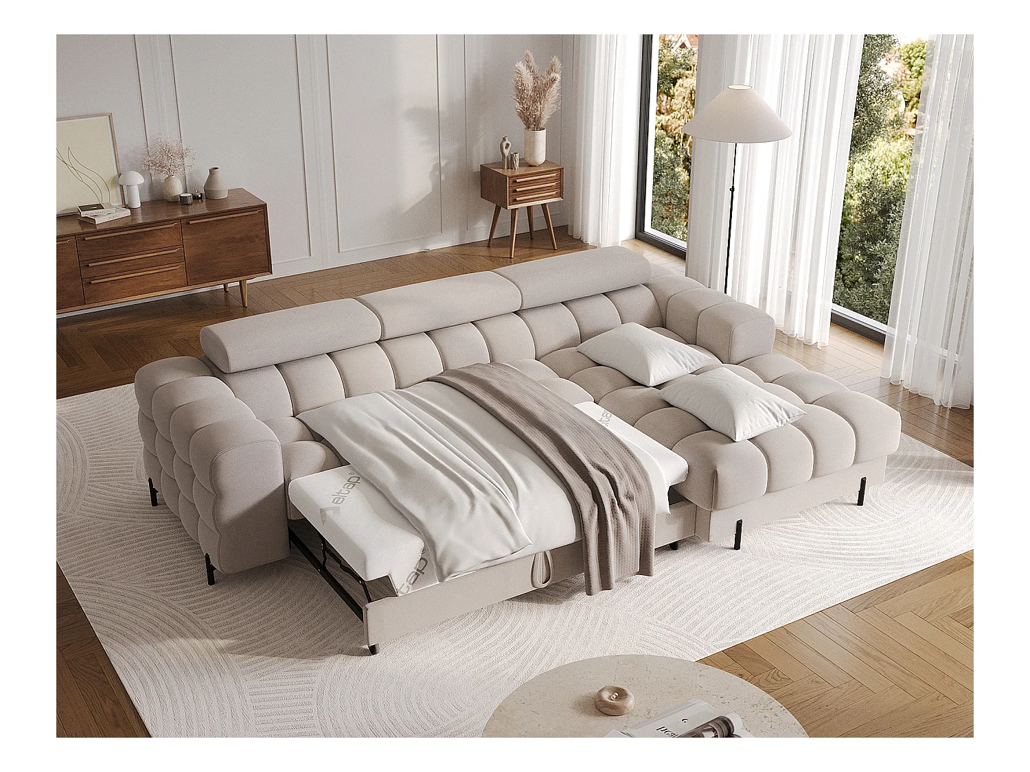 Canapé d’angle convertible velours appuis-tête réglables KATE – Coffre et pieds métal noir-Taupe-angle droit