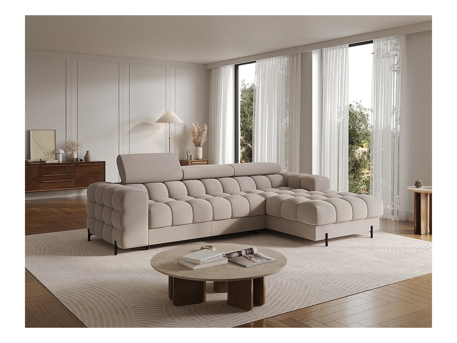 Canapé d’angle convertible velours appuis-tête réglables KATE – Coffre et pieds métal noir-Taupe-angle droit