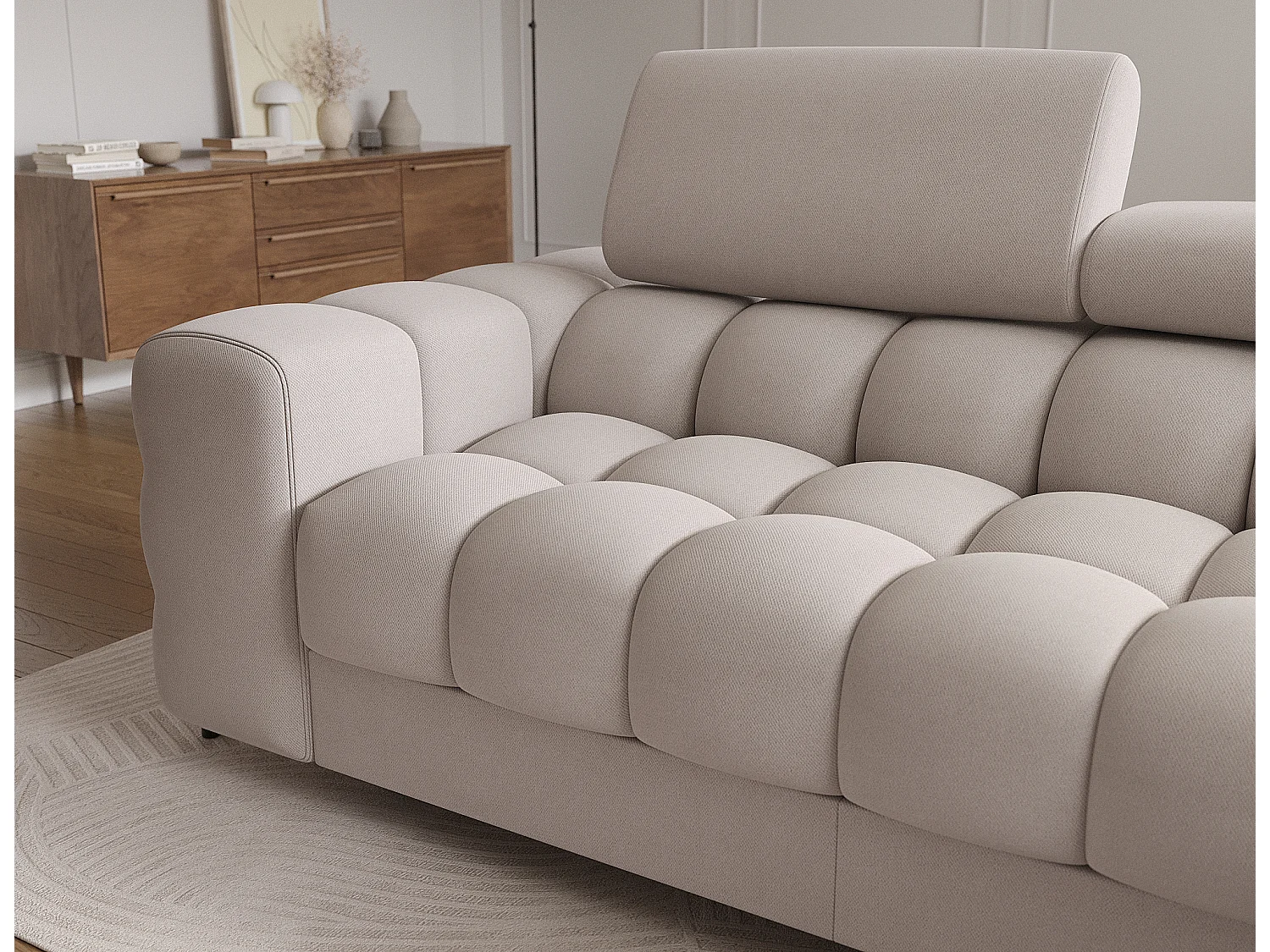 Canapé d’angle convertible velours appuis-tête réglables KATE – Coffre et pieds métal noir-Taupe-angle droit