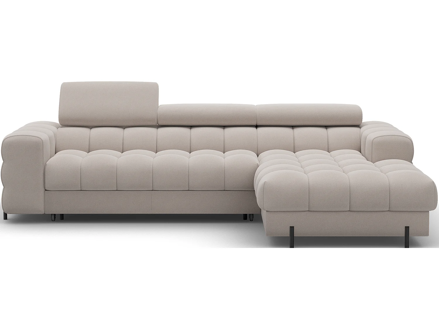 Canapé d’angle convertible velours appuis-tête réglables KATE – Coffre et pieds métal noir-Taupe-angle droit