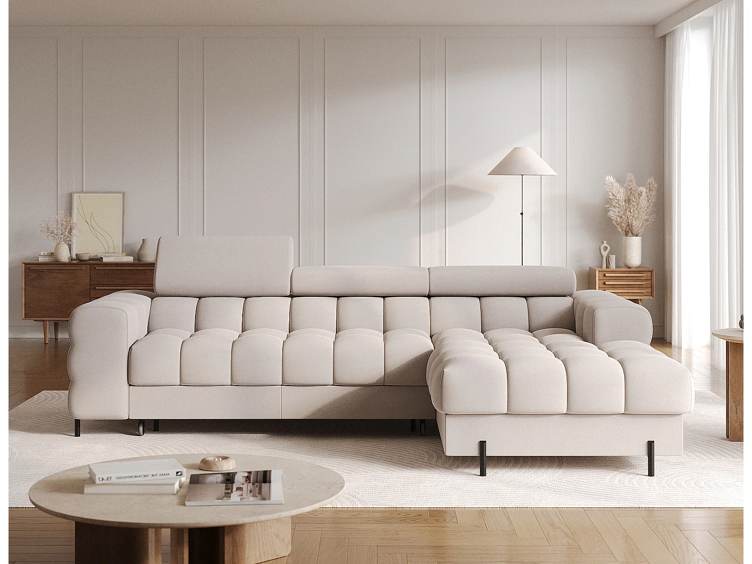 Canapé d’angle convertible velours appuis-tête réglables KATE – Coffre et pieds métal noir-Taupe-angle droit