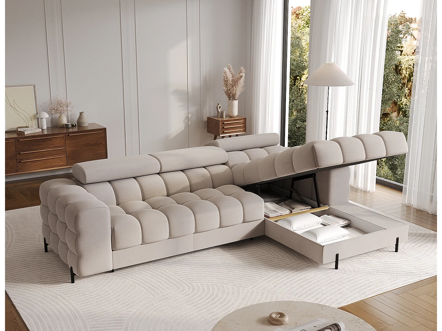 Canapé d’angle convertible velours appuis-tête réglables KATE – Coffre et pieds métal noir-Taupe-angle droit