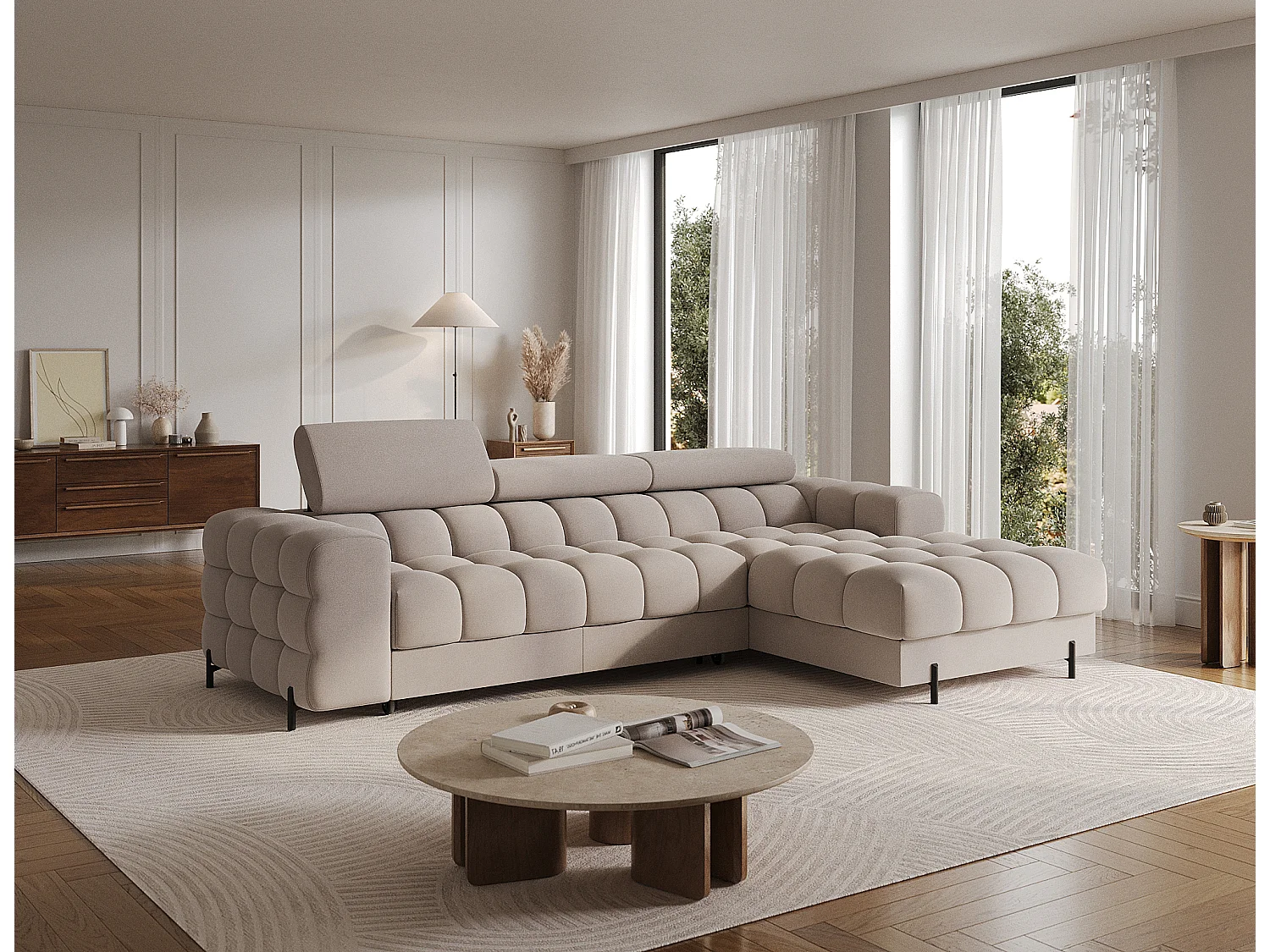 Canapé d’angle convertible velours appuis-tête réglables KATE – Coffre et pieds métal noir-Taupe-angle droit