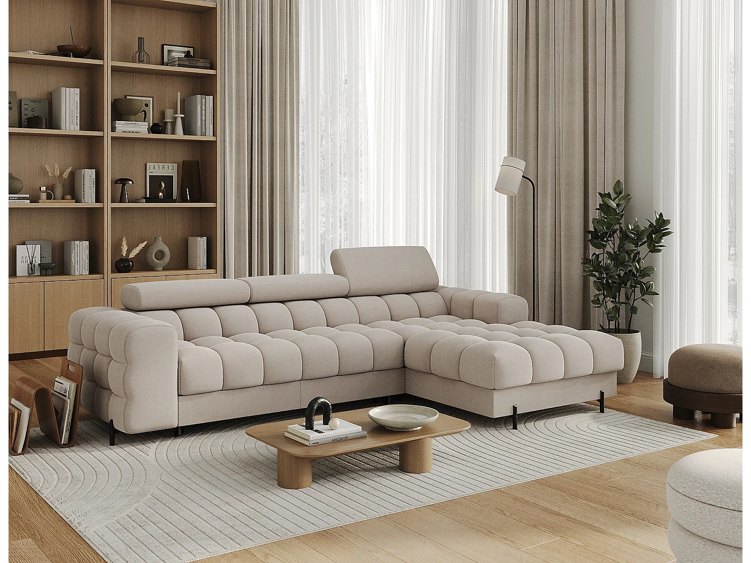 Canapé d’angle convertible velours appuis-tête réglables KATE – Coffre et pieds métal noir-Taupe-angle droit