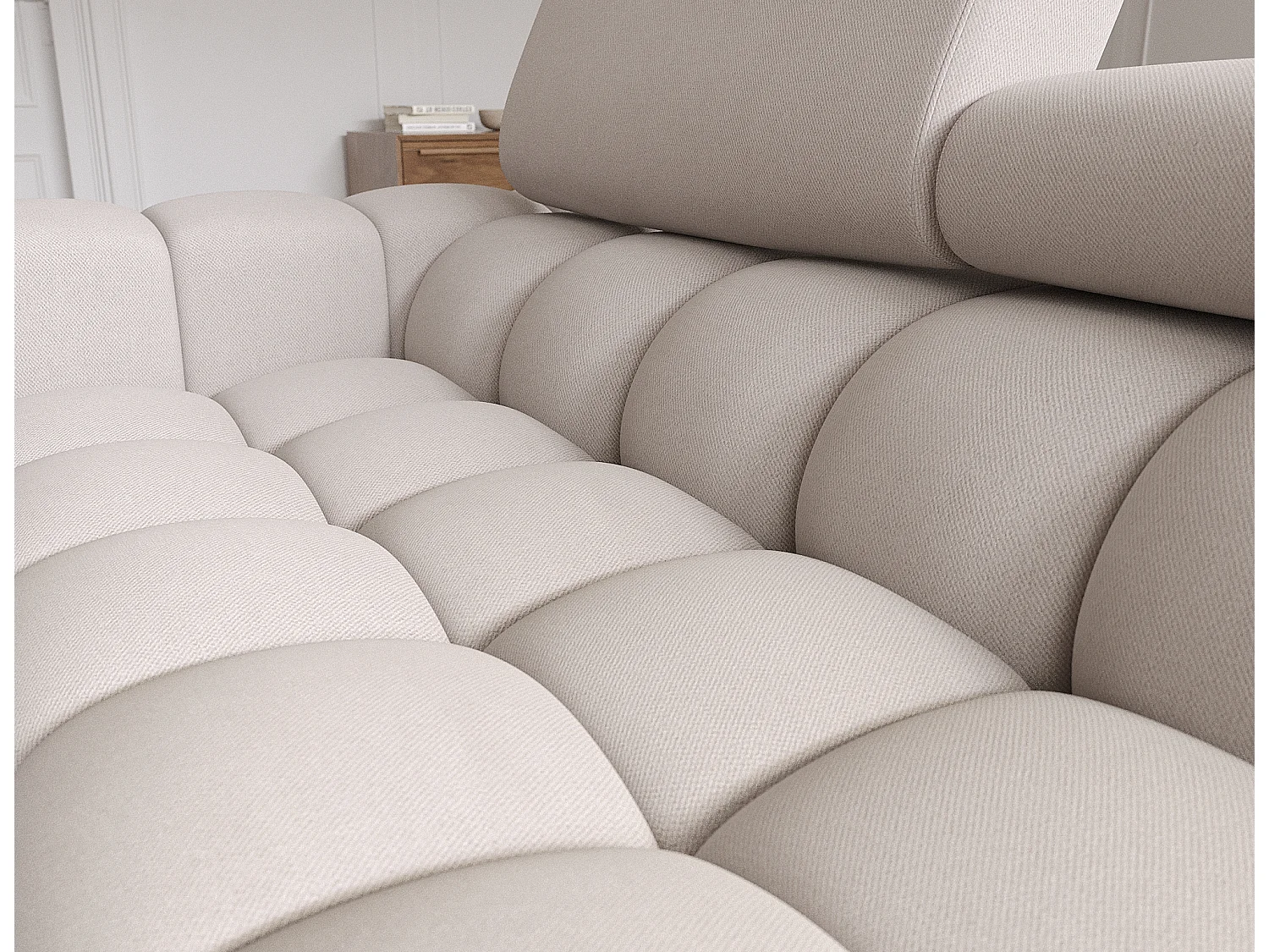 Canapé d’angle convertible velours appuis-tête réglables KATE – Coffre et pieds métal noir-Taupe-angle droit