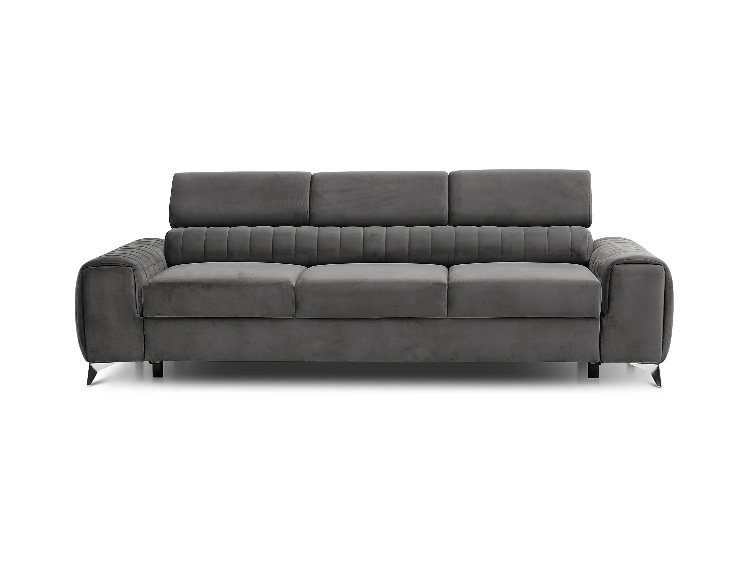 Canapé convertible velours LOZA - Appuis-tête réglables et pieds acier chromé-Gris foncé