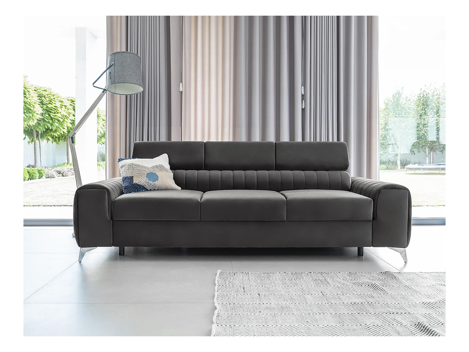 Canapé convertible velours LOZA - Appuis-tête réglables et pieds acier chromé-Gris foncé