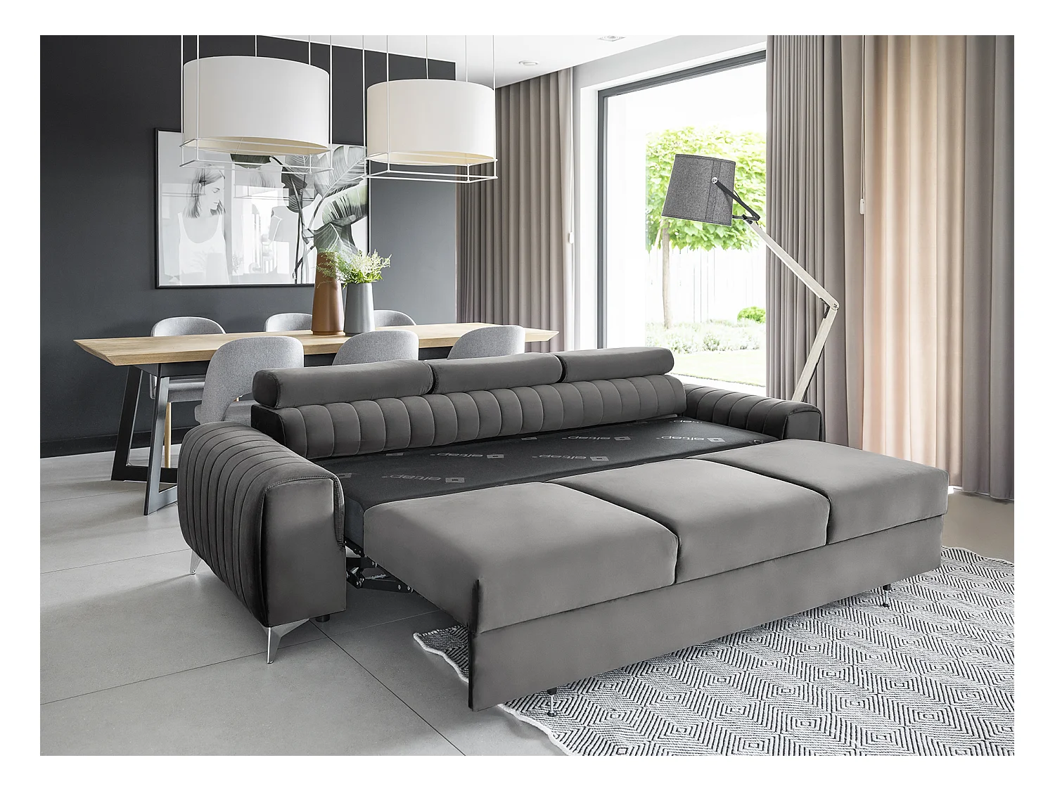 Canapé convertible velours LOZA - Appuis-tête réglables et pieds acier chromé-Gris foncé