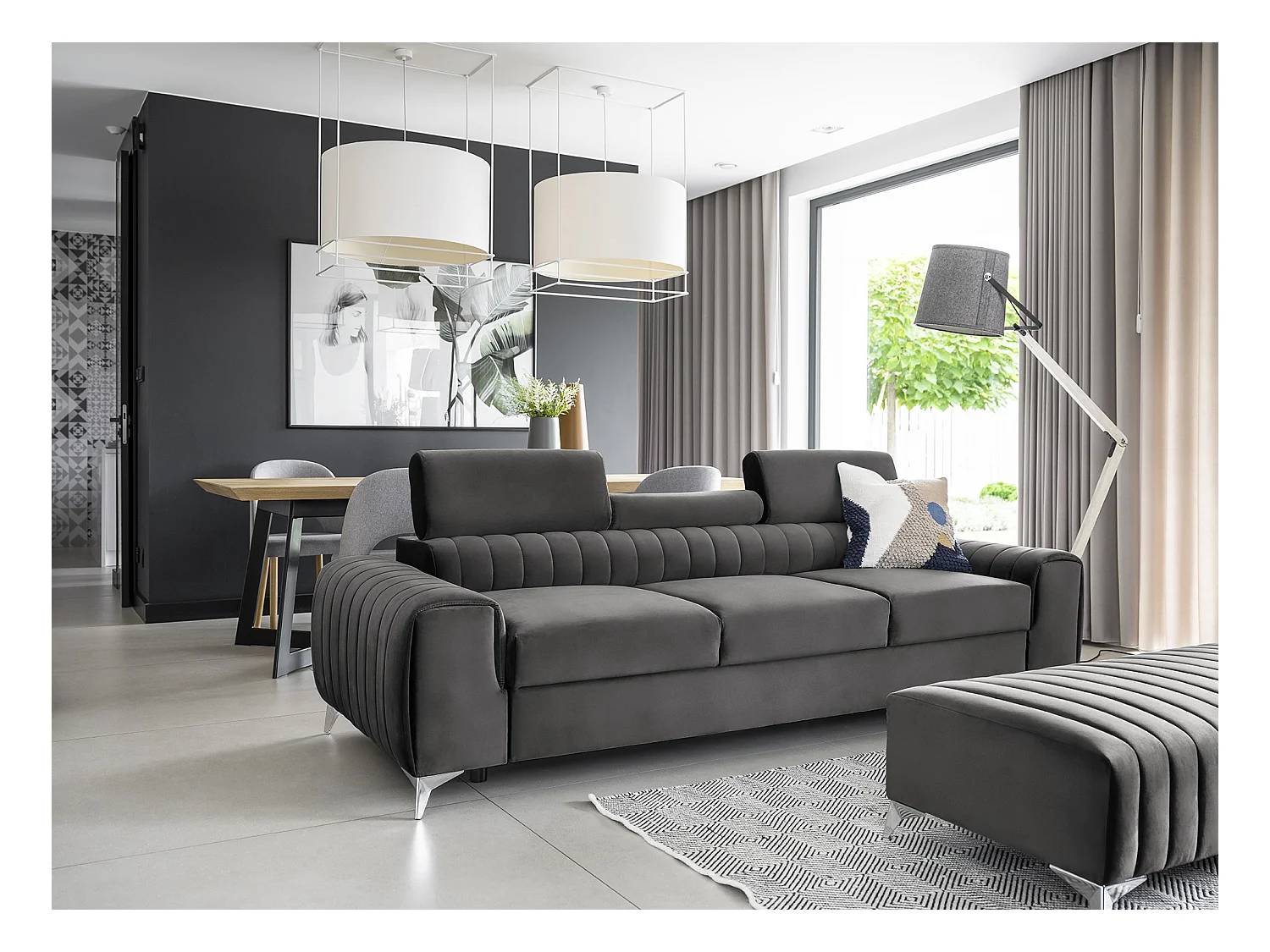 Canapé convertible velours LOZA - Appuis-tête réglables et pieds acier chromé-Gris foncé