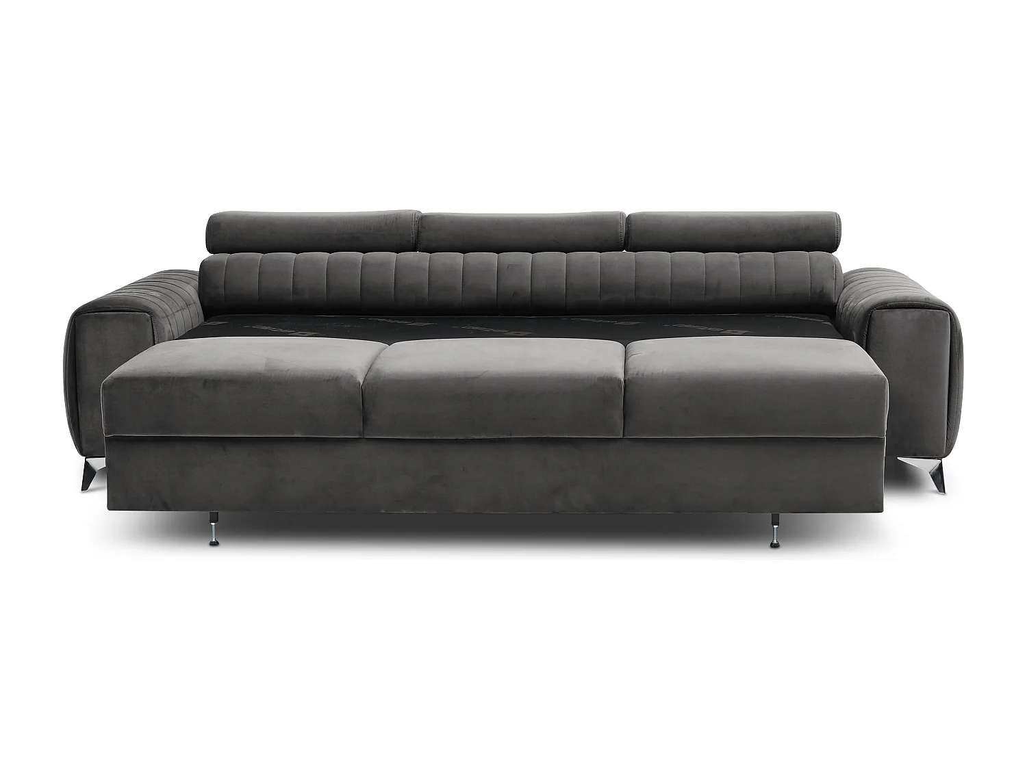 Canapé convertible velours LOZA - Appuis-tête réglables et pieds acier chromé-Gris foncé
