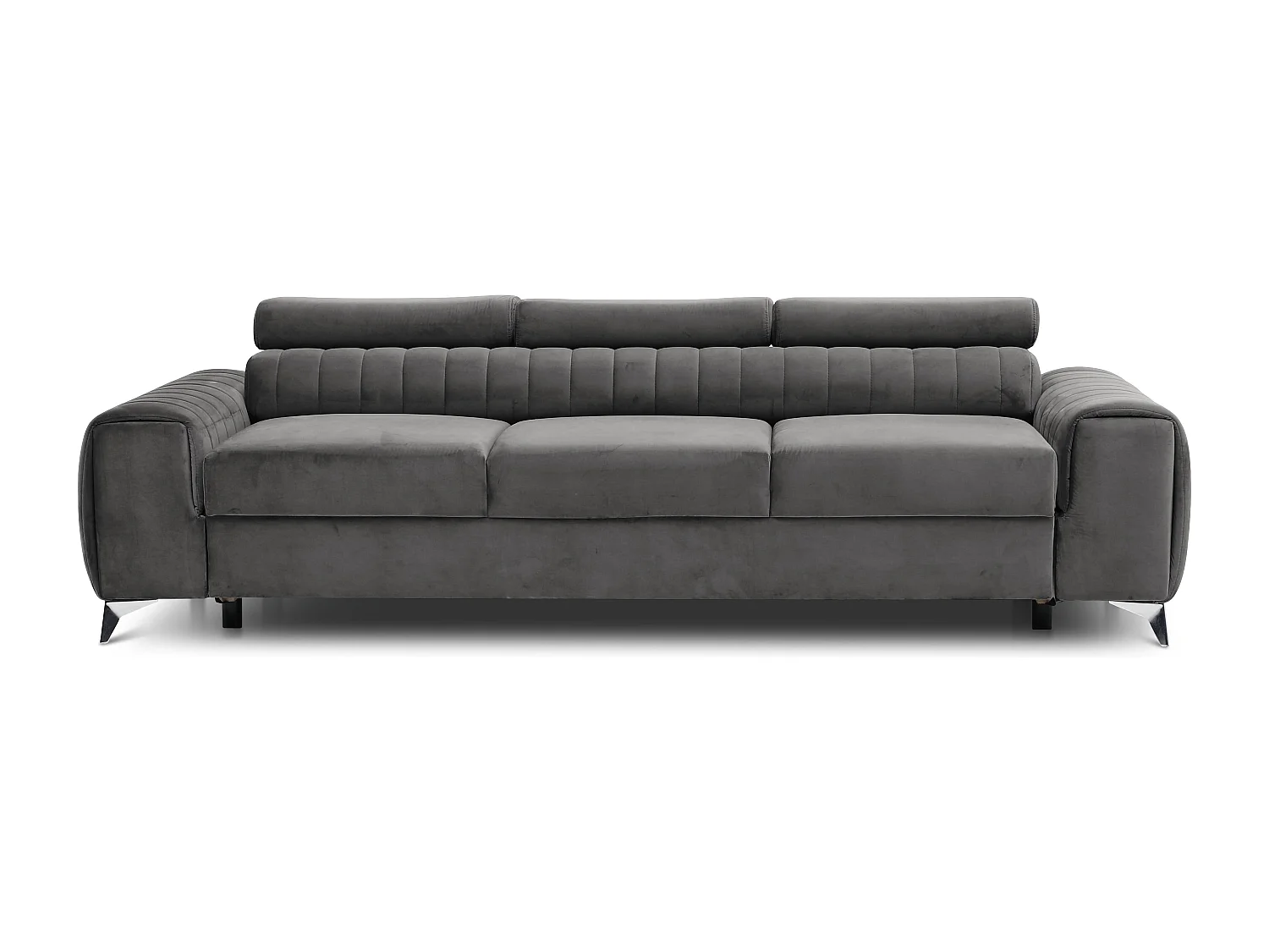 Canapé convertible velours LOZA - Appuis-tête réglables et pieds acier chromé-Gris foncé