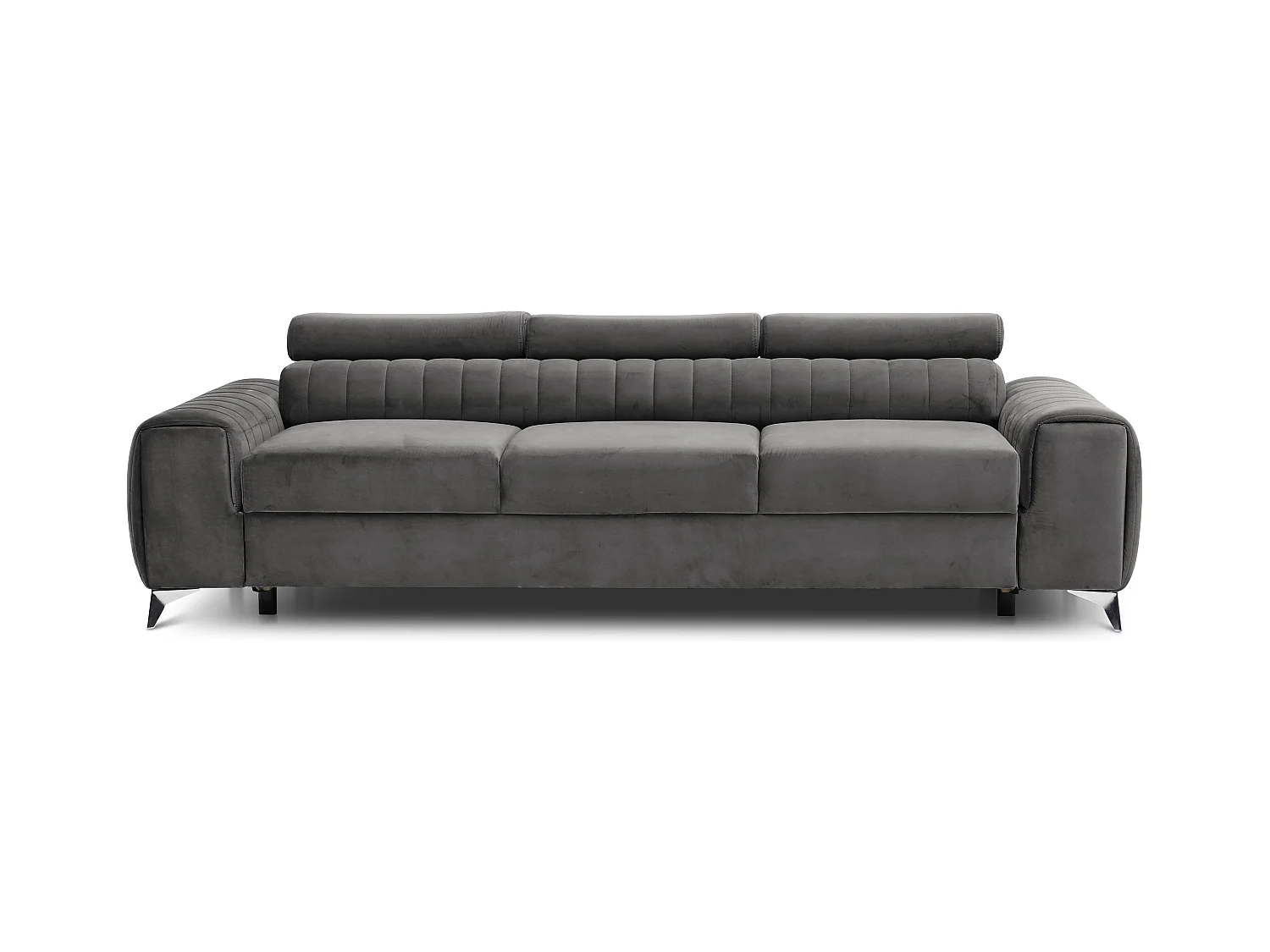 Canapé convertible velours LOZA - Appuis-tête réglables et pieds acier chromé-Gris foncé